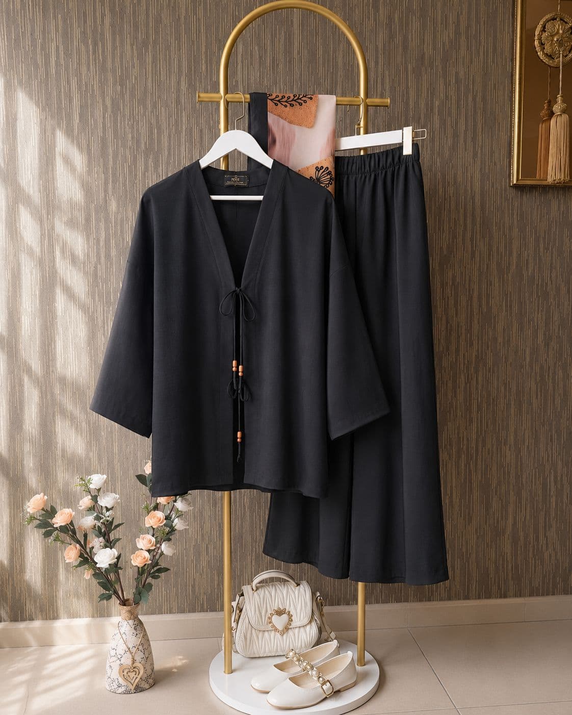 Kadın Keten Kimono İkili Takım Siyah