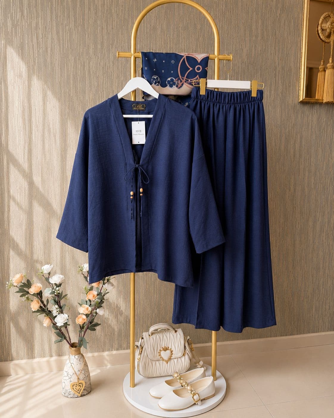 Kadın Keten Kimono İkili Takım Lacivert