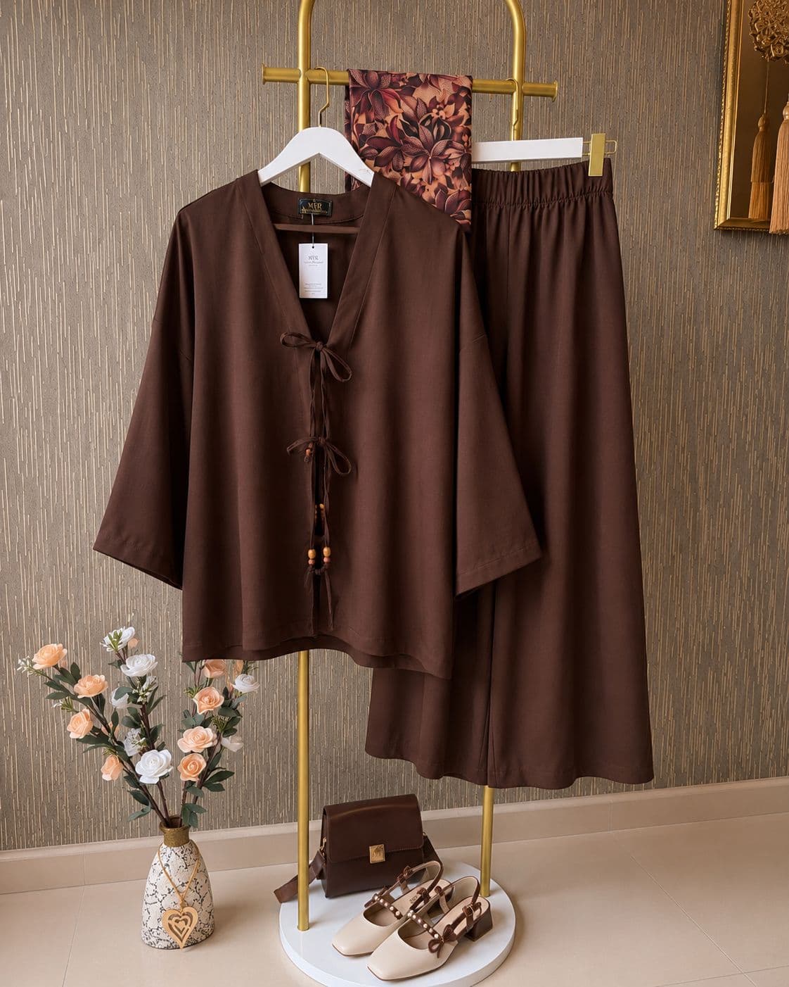 Kadın Keten Kimono İkili Takım Koyu Kahve