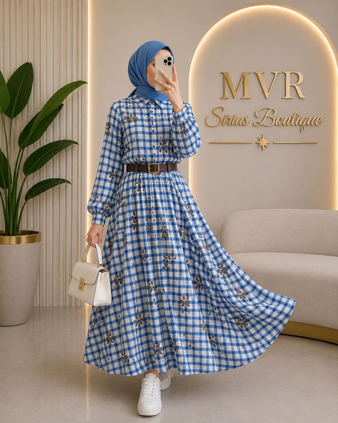 Kadın Desenli Oversize Viskon Gömlek Mavi Takım