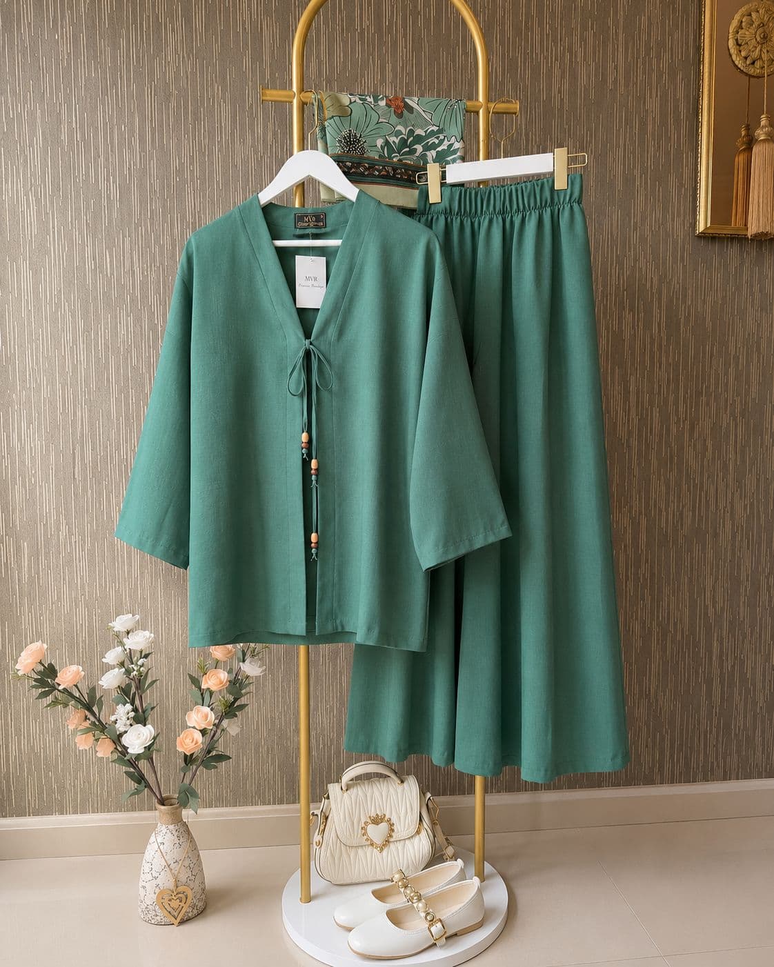 Kadın Keten Kimono İkili Takım Koyu Yeşil