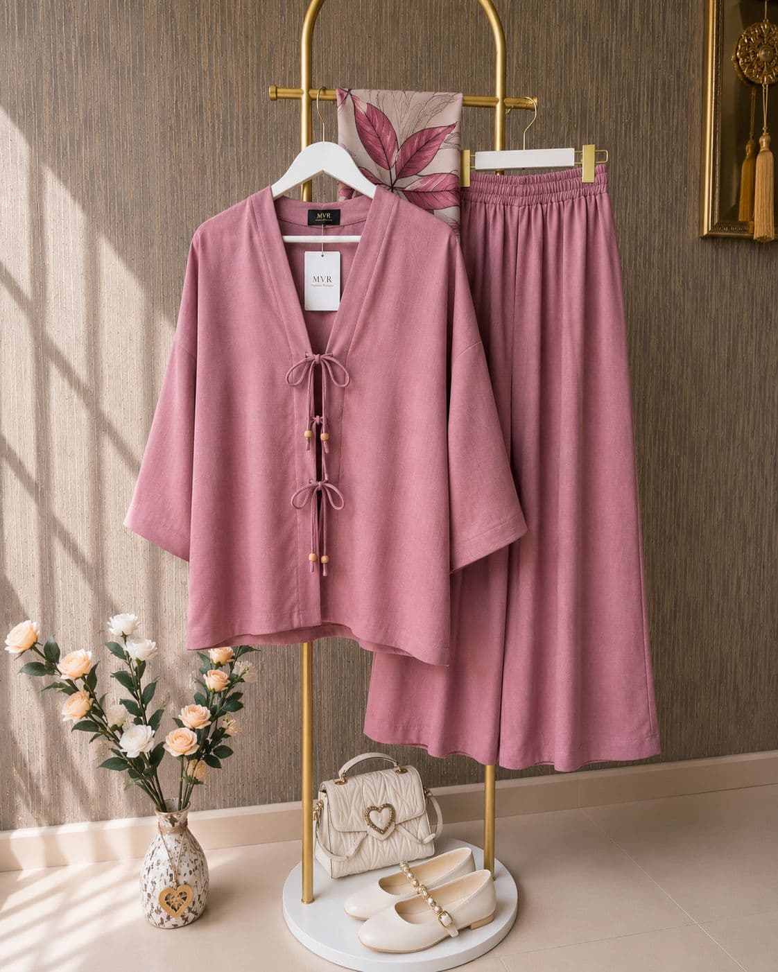 Kadın Keten Kimono İkili Takım Gül Kurusu