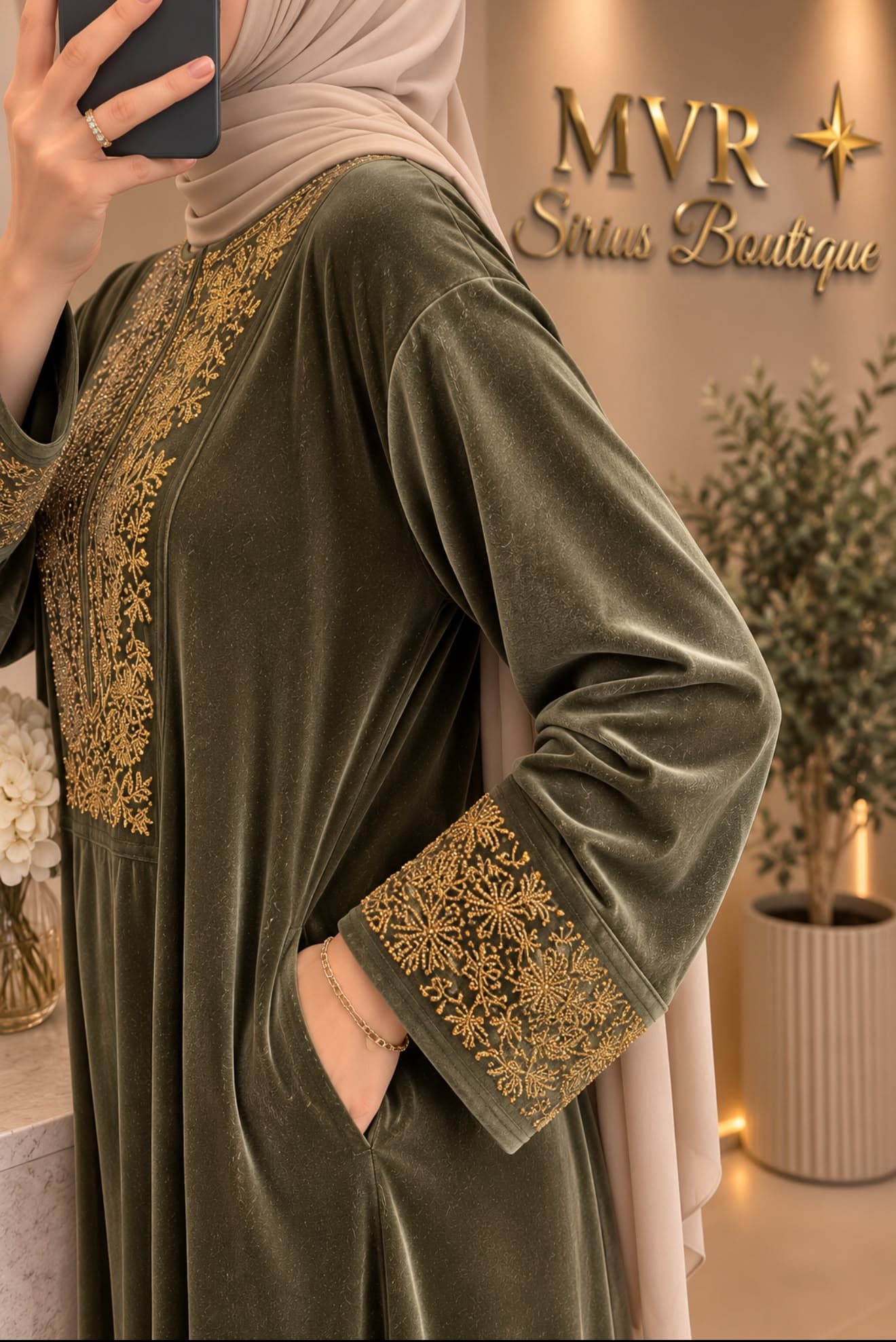 Sultan Haki Yeşil Kadife Elbise